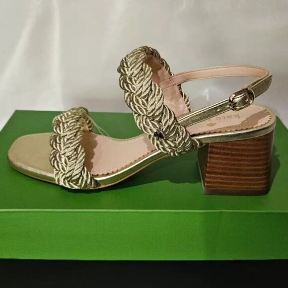 NWB Kate Spade Valentina Braided Strap Mid Heeled Sandals Pale Gold Size 6B - Picture 2 of 7